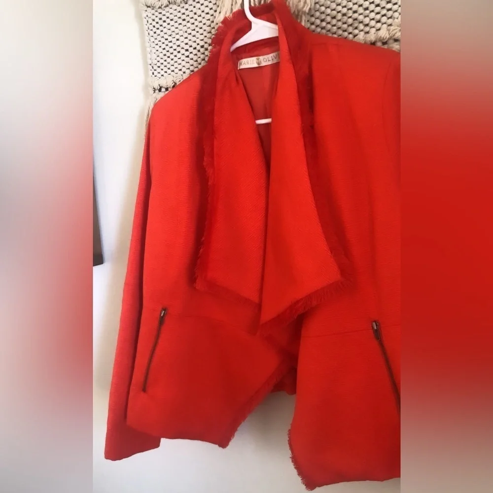 Marie Oliver Brilliant Red Orange Spring Open Moto Fringe Blazer Jacket Pockets
